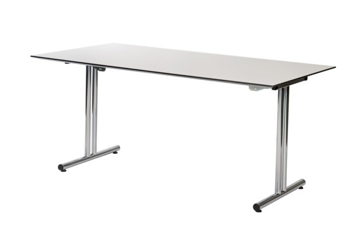 Kompakt 3 klapptisch mit Tischbeinen in Chrom und weisser Tischplatte in ausgeklappter Position